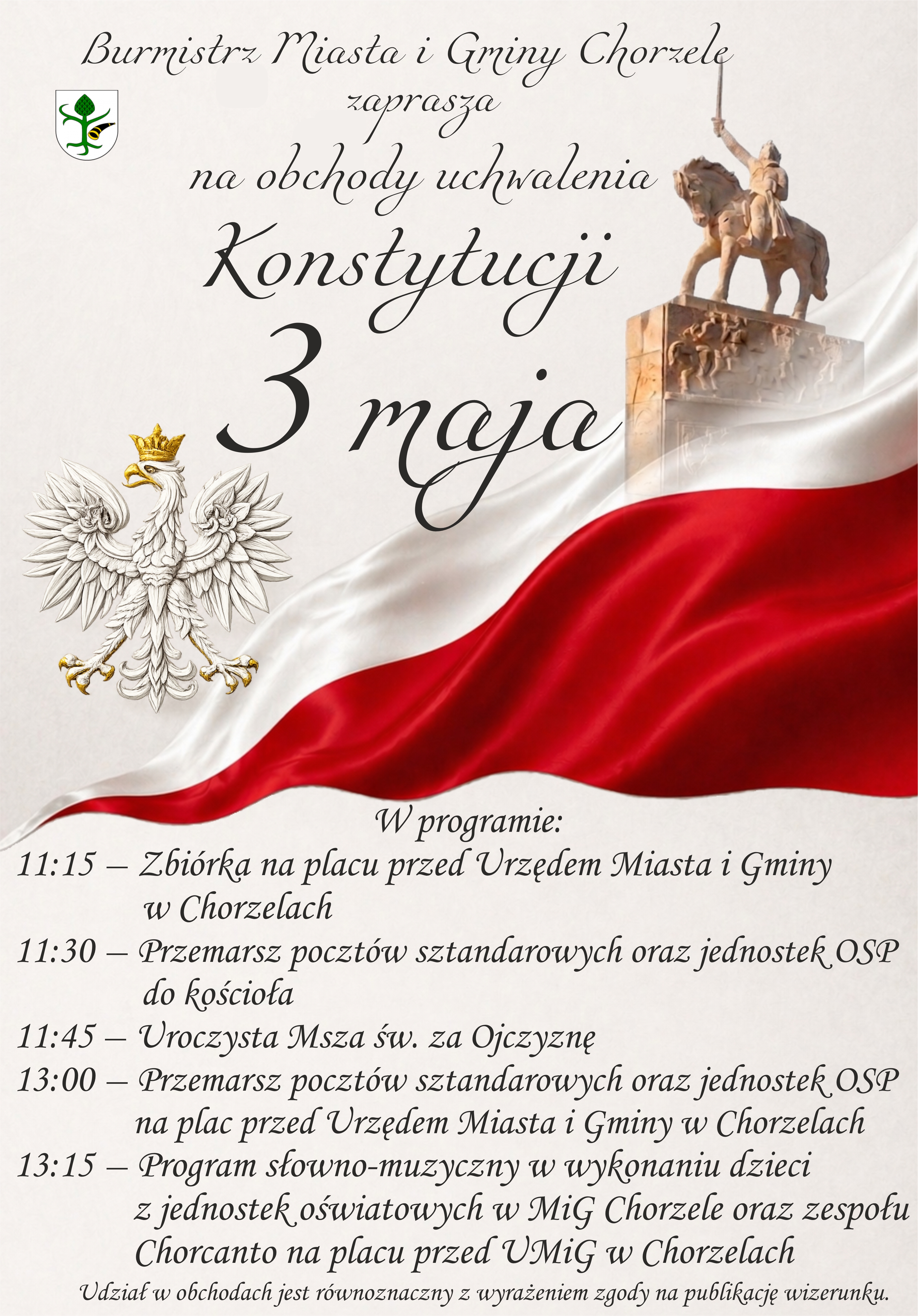Plakat informujący o&nbsp;obchodach 3 maja w&nbsp;Gminie Chorzele.