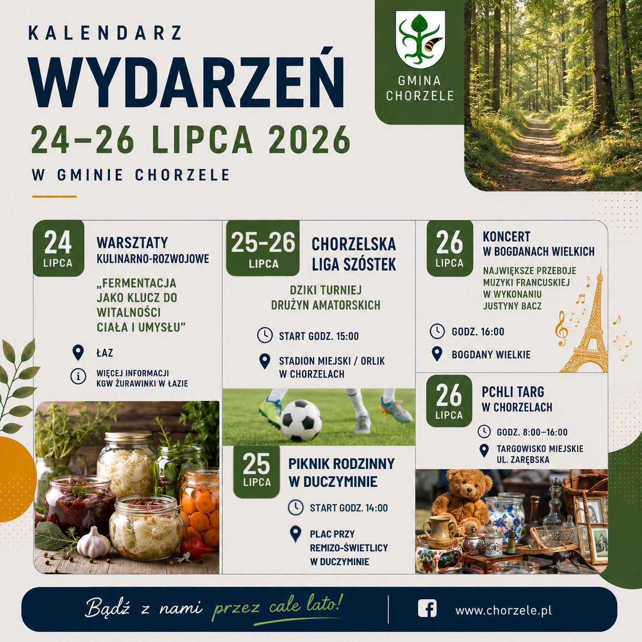 Grafika przedstawia kalendarz wydarzeń w&nbsp;gminie Chorzele w&nbsp;dniach 24 - 26 lipca 2026