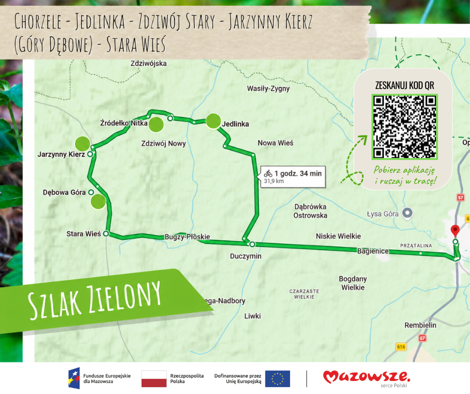 Mapa przedstawia przebieg Szlaku Zielonego na&nbsp;terenie gminy Chorzele. Trasa tworzy pętlę o&nbsp;długości około 31,9 km i&nbsp;prowadzi przez miejscowości: Chorzele, Jedlinka, okolice źr&oacute;dełka Nitki, Zdziw&oacute;j Stary, Jarzynny Kierz, G&oacute;ry Dębowe, Stara Wieś, . Szlak oznaczony jest wyraźną zieloną linią z&nbsp;zaznaczonymi punktami postojowymi. Na mapie widoczne są r&oacute;wnież nazwy okolicznych miejscowości oraz&nbsp;orientacyjny czas przejazdu rowerem &ndash; 1 godzina 34 minuty. W dolnej części grafiki znajdują się logotypy program&oacute;w finansujących oraz&nbsp;oznaczenie regionu Mazowsze.
