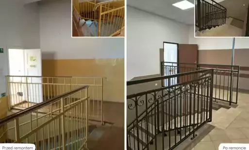Zdjęcie przedstawia porównanie zdjęć klatki schodowej przed remontem oraz klatki schodowej po remoncie