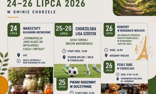 Grafika przedstawia kalendarz wydarzeń w gminie Chorzele w dniach 24-26 lipca