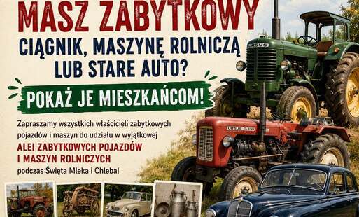 Plakat informujący o zapisach do Alei Zabytkowych Pojazdów i Maszyn