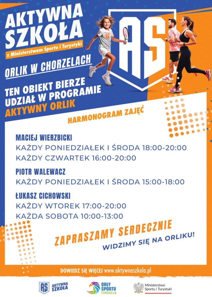 Plakat informujący o harmonogramie zajęć w ramach Aktywnego Orlika.
