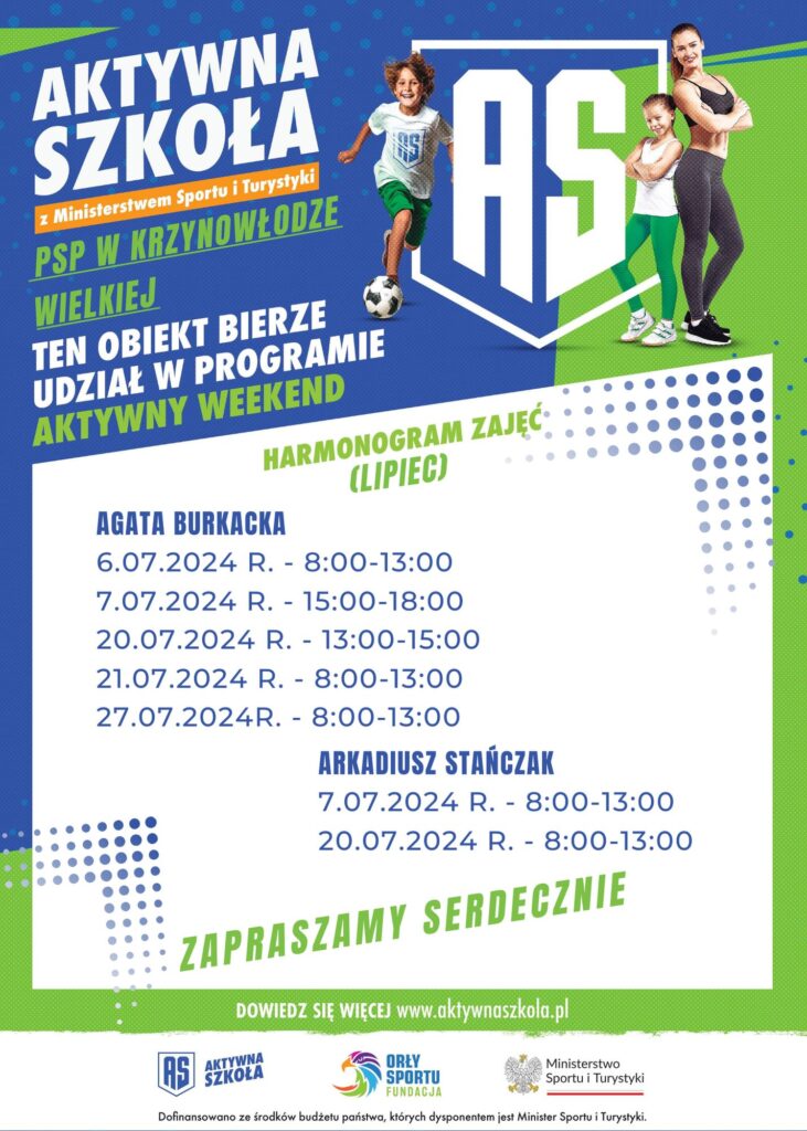 Plakat z harmonogramem zajęć w PSP w Krzynowłodze Wielkiej