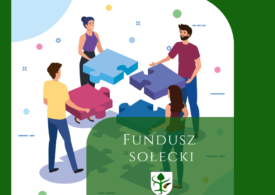 Na zielonym tle znajduje się grafika przedstawiająca cztery postacie trzymające duże, kolorowe puzzle i próbujące je złożyć w całość. Na zielonym polu znajduje się napis: Fundusz sołecki i herb gminy.