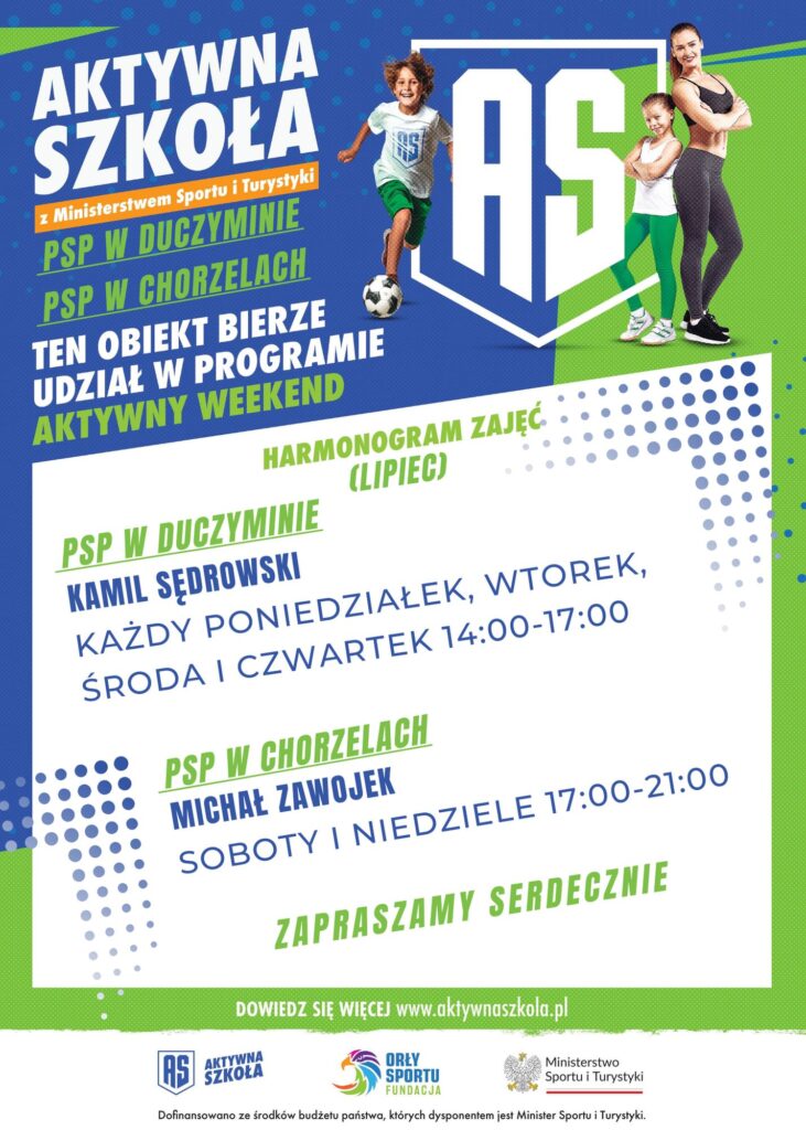Plakat z harmonogramem zajęć w PSP w Duczyminie i Chorzelach.