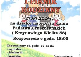 Plakat informujący o pikniku rodzinnym w Krzynowłodze Wielkiej.