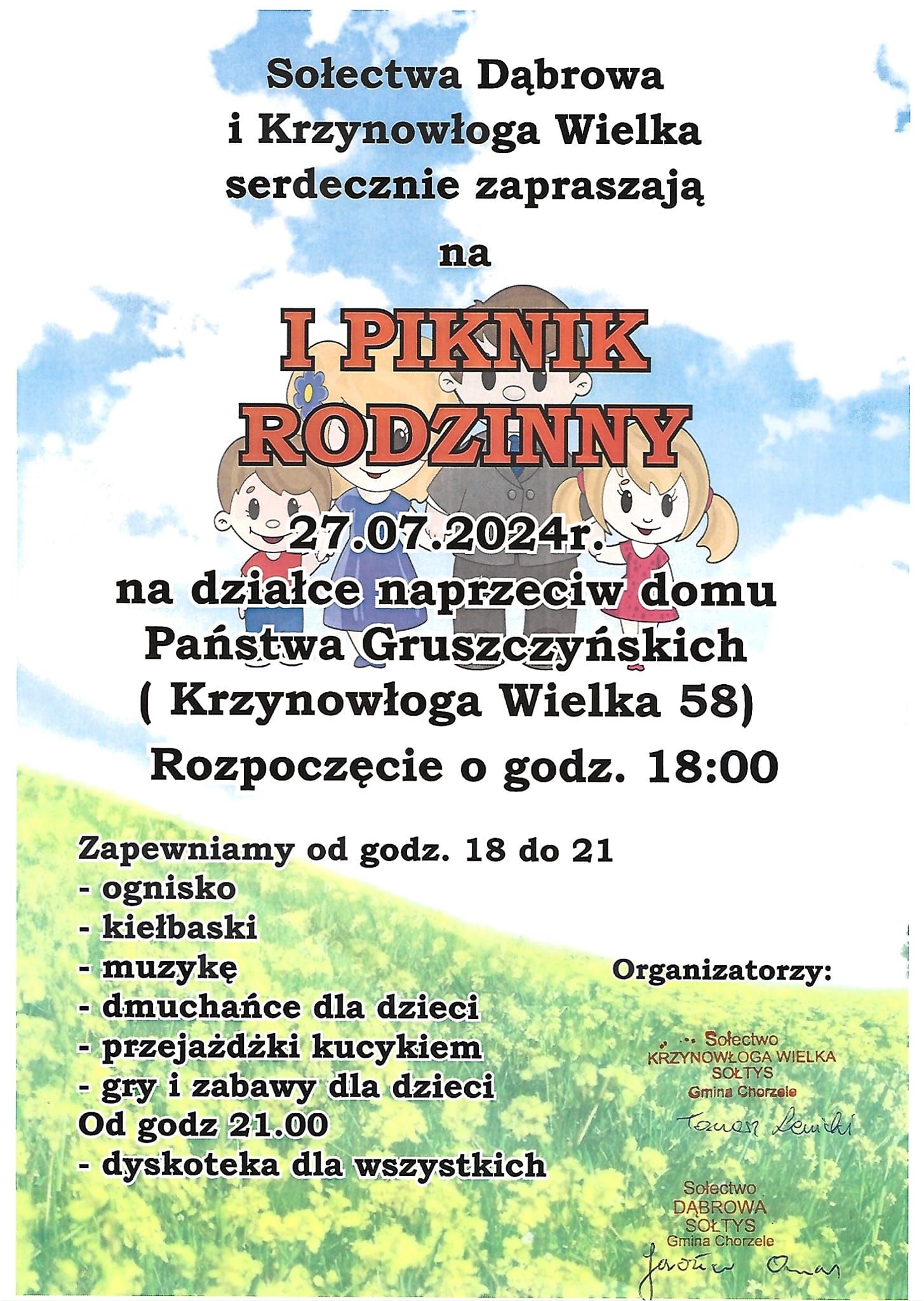 Plakat informujący o pikniku rodzinnym w Krzynowłodze Wielkiej.