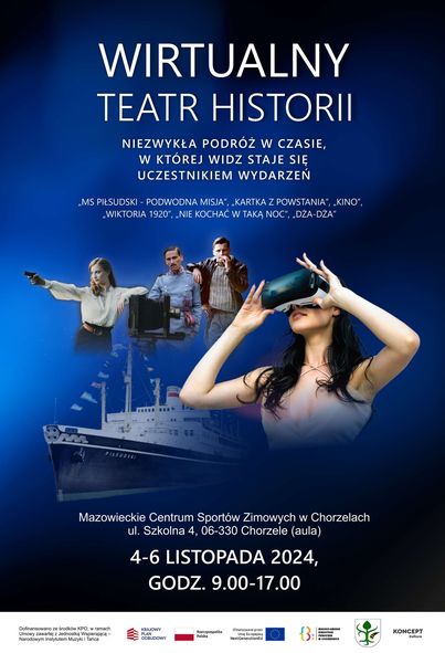 Plakat informujący o wirtualnym teatrze historii.