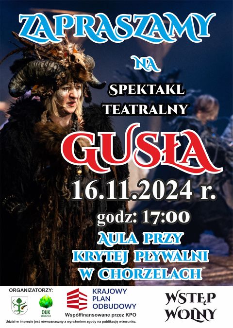 Plakat zapraszający na spektakl teatralny "Gusła"